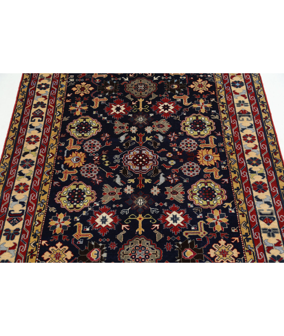 Hand Knotted Tribal Kazak Wool Rug - 4'3'' x 5'9'' 4'3'' x 5'9'' (128 X 173) / Blue / Ivory