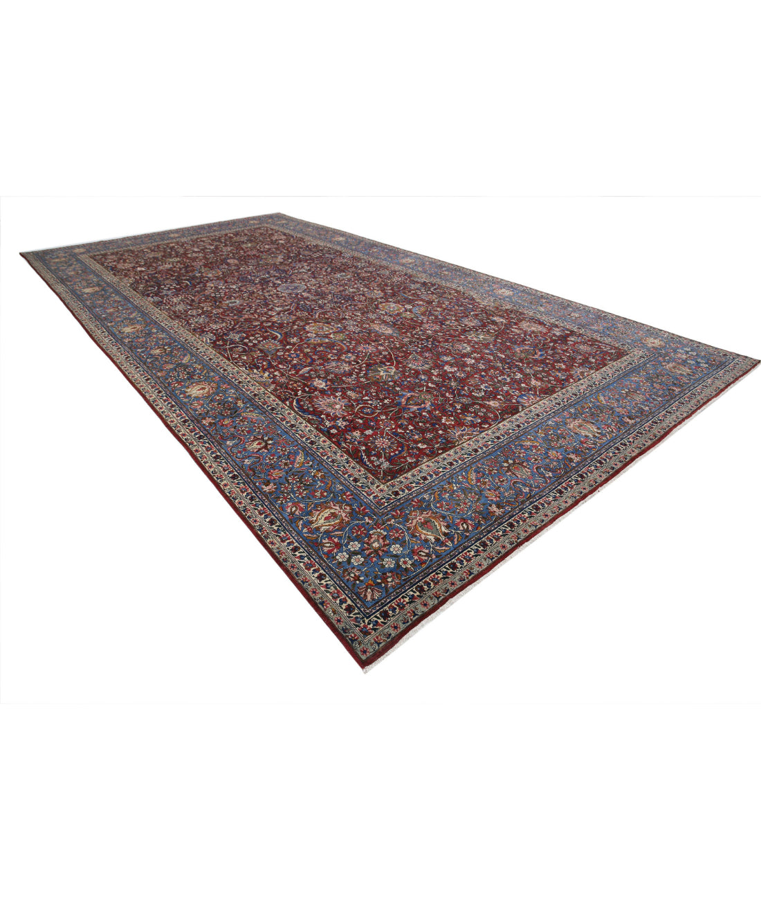 Hand Knotted Antique Masterpiece Persian Kerman Fine Wool Rug - 10'8'' x 20'2'' 10'8'' x 20'2'' (320 X 605) / Burgundy / Blue
