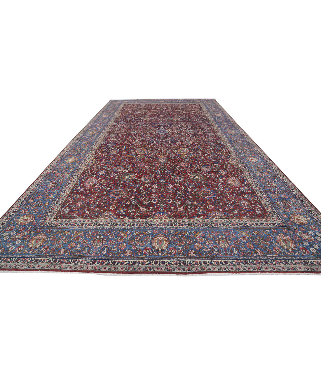 Hand Knotted Antique Masterpiece Persian Kerman Fine Wool Rug - 10'8'' x 20'2'' 10'8'' x 20'2'' (320 X 605) / Burgundy / Blue