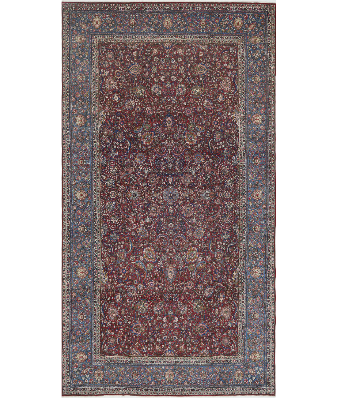 Hand Knotted Antique Masterpiece Persian Kerman Fine Wool Rug - 10&#39;8&#39;&#39; x 20&#39;2&#39;&#39; 10&#39;8&#39;&#39; x 20&#39;2&#39;&#39; (320 X 605) / Burgundy / Blue