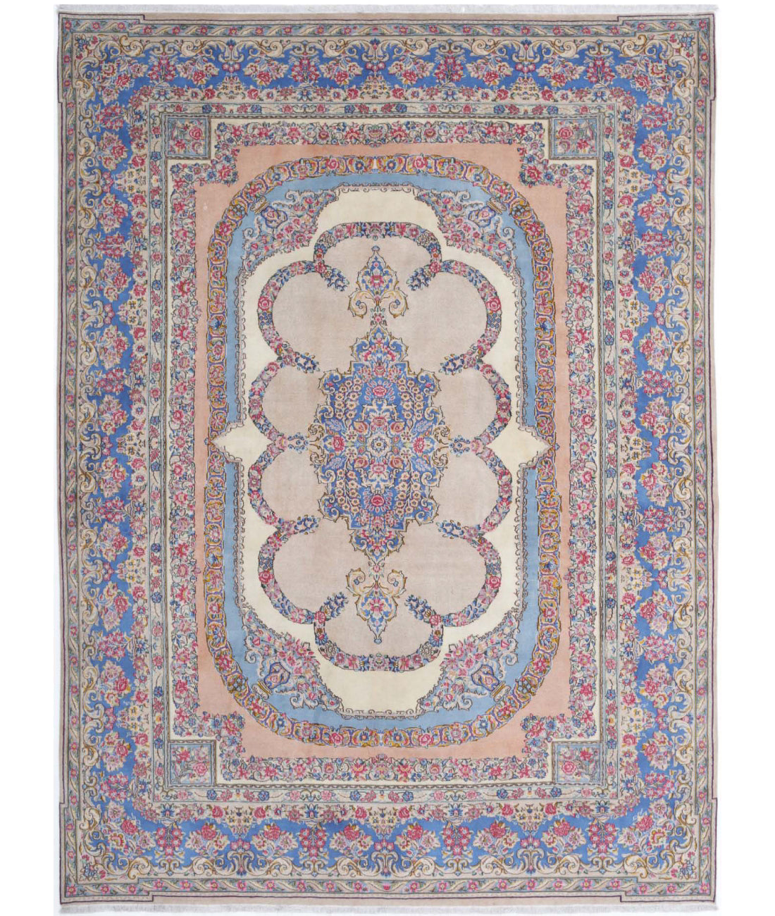 Hand Knotted Persian Kerman Wool Rug - 8'0'' x 10'10'' 8'0'' x 10'10'' (240 X 325) / Ivory / Blue