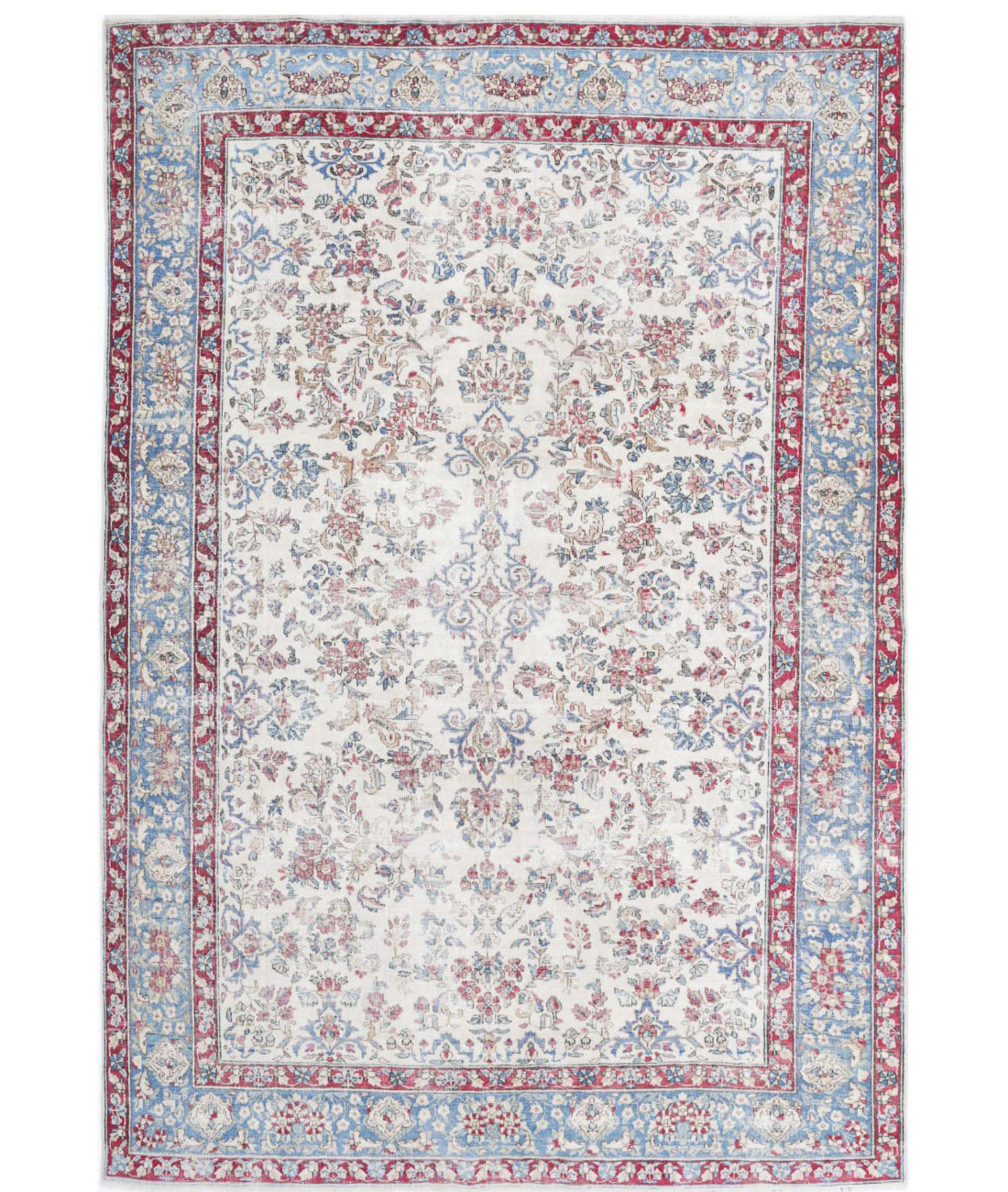 Hand Knotted Vintage Distressed Persian Kerman Wool Rug - 5'10'' x 8'6'' 5'10'' x 8'6'' (175 X 255) / Ivory / Blue