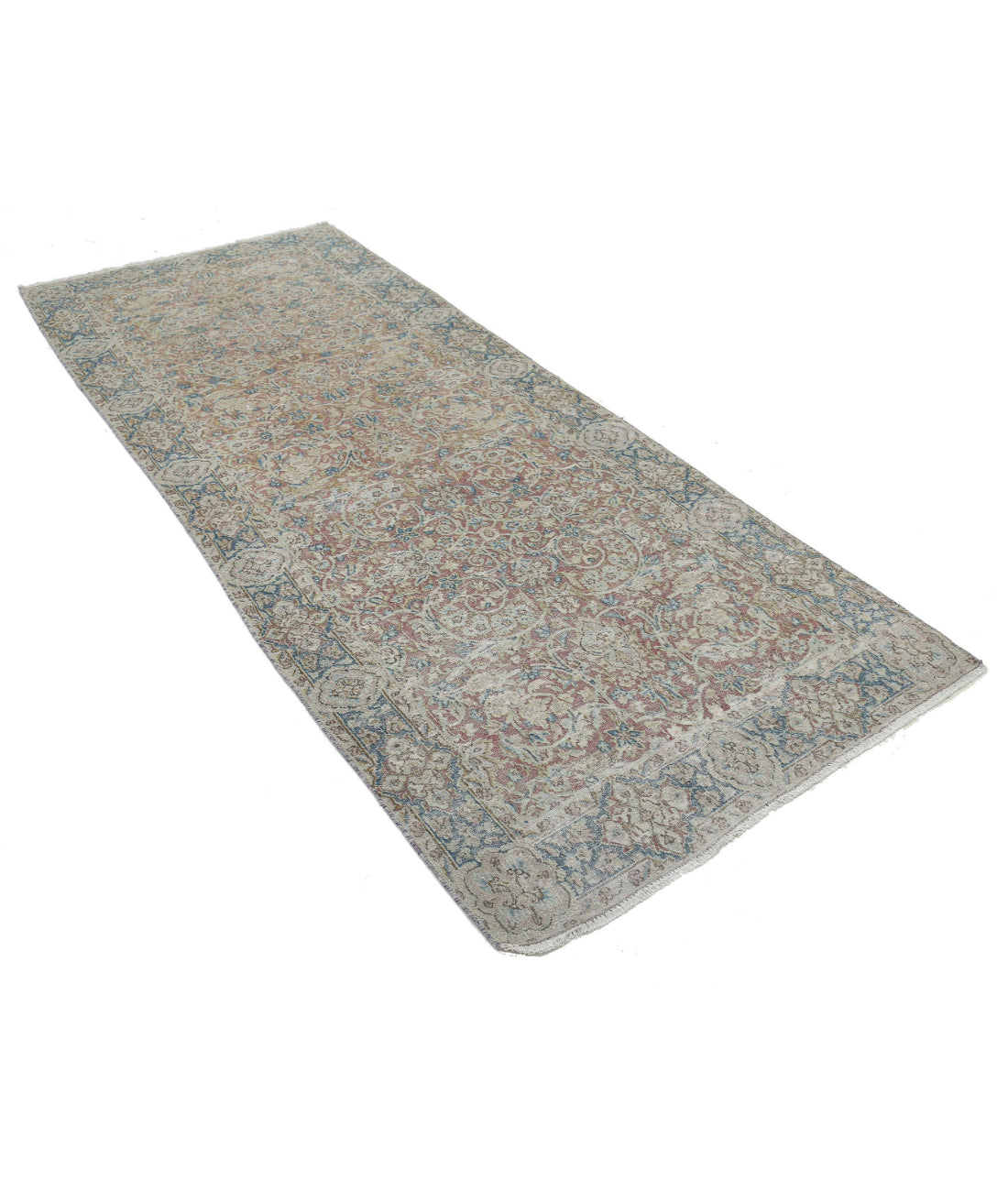 Hand Knotted Antique Persian Kerman Wool Rug - 3'8'' x 9'6'' 3'8'' x 9'6'' (110 X 285) / Pink / Blue