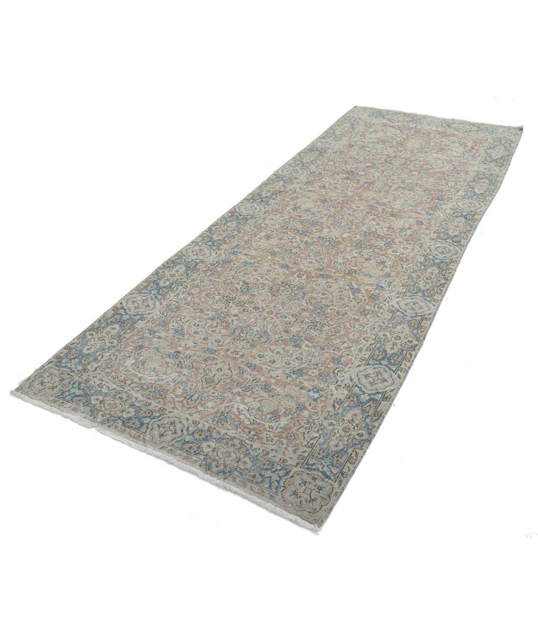 Hand Knotted Antique Persian Kerman Wool Rug - 3'8'' x 9'6'' 3'8'' x 9'6'' (110 X 285) / Pink / Blue