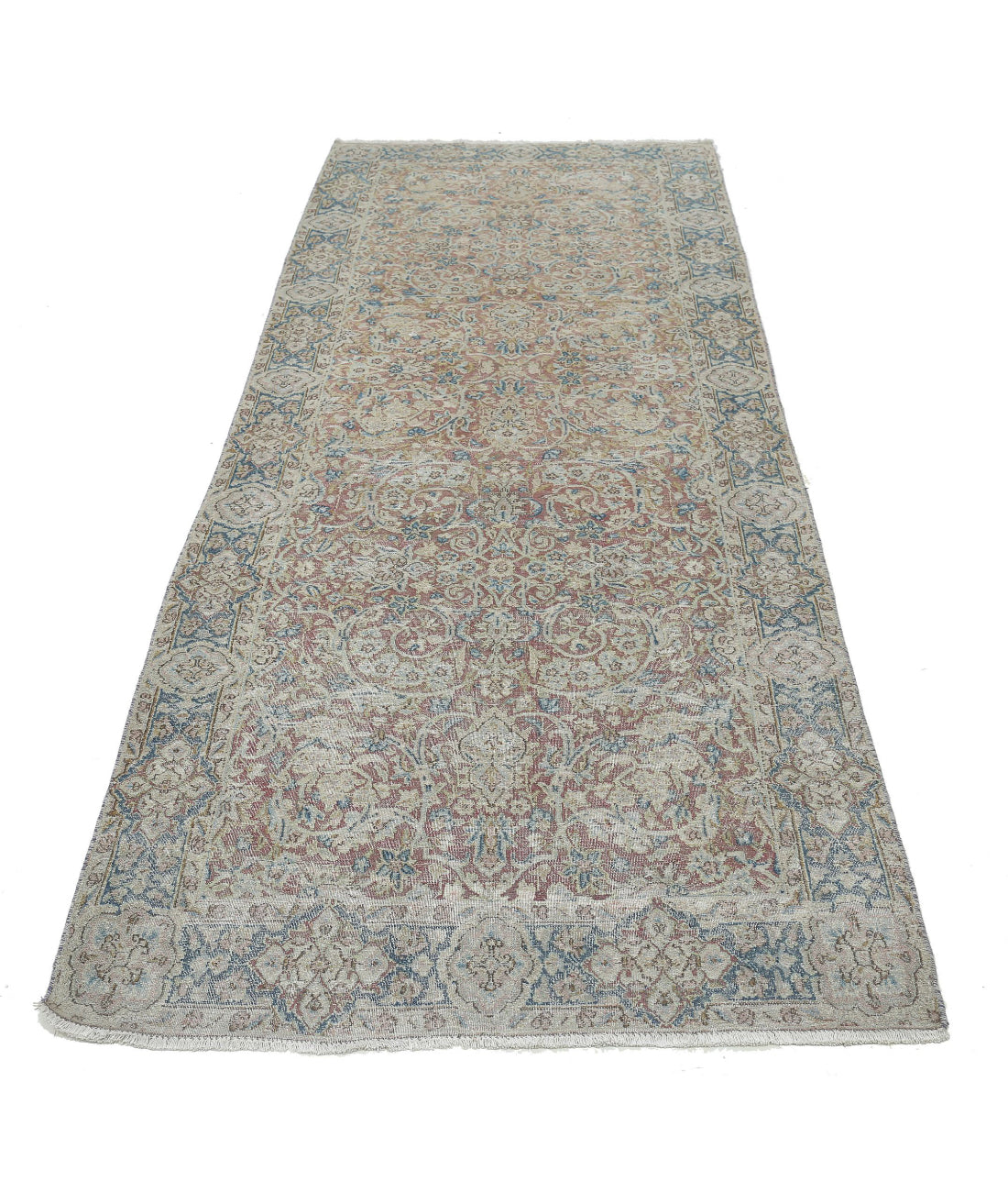 Hand Knotted Antique Persian Kerman Wool Rug - 3'8'' x 9'6'' 3'8'' x 9'6'' (110 X 285) / Pink / Blue