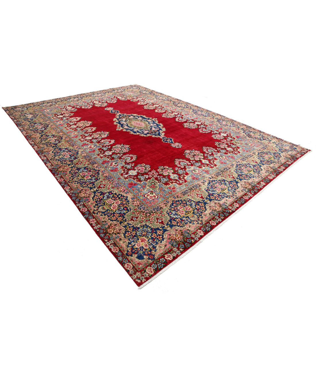 Hand Knotted Persian Kerman Wool Rug - 9'11'' x 13'9'' 9'11'' x 13'9'' (298 X 413) / Red / Blue