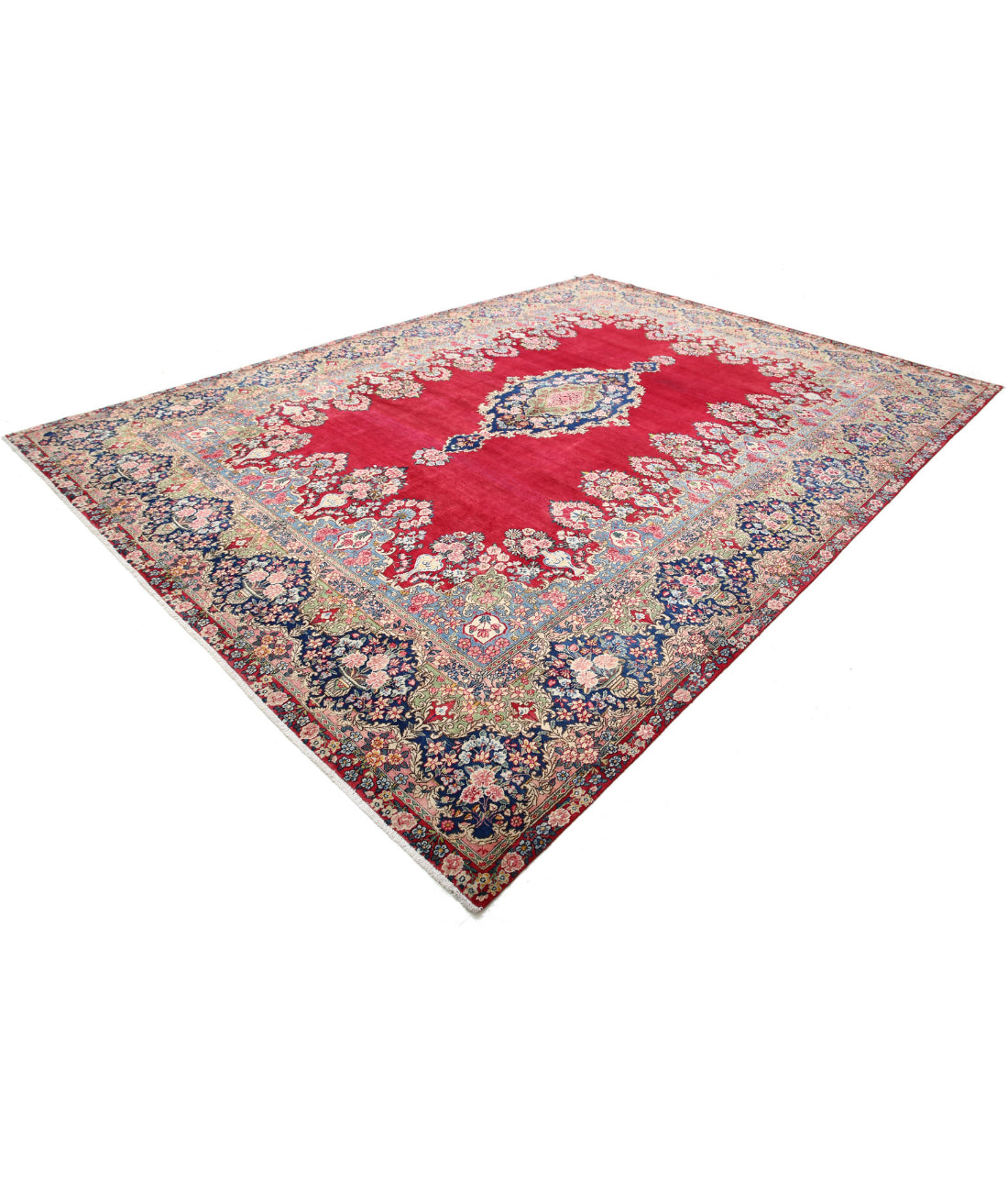 Hand Knotted Persian Kerman Wool Rug - 9'11'' x 13'9'' 9'11'' x 13'9'' (298 X 413) / Red / Blue