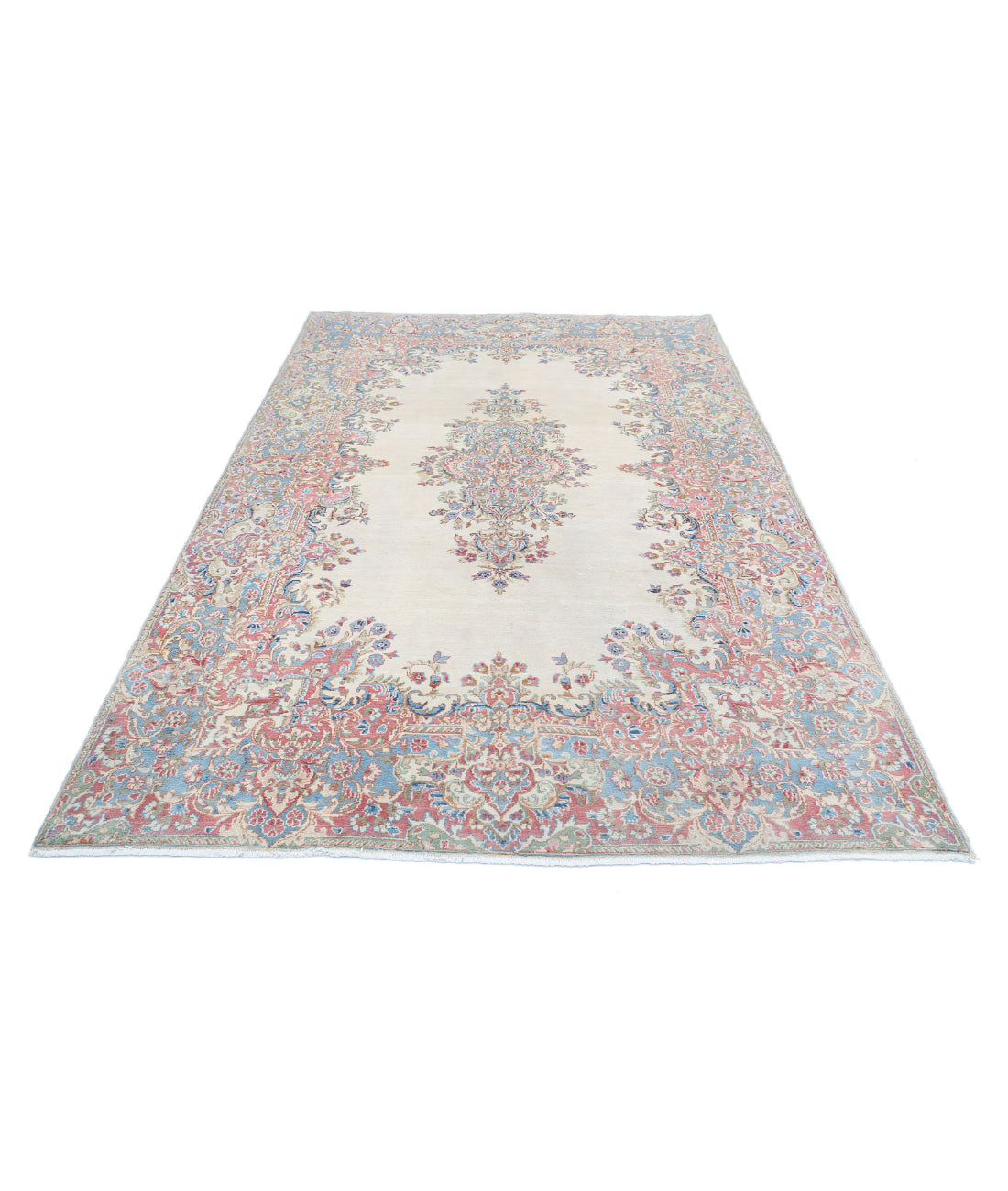 Hand Knotted Persian Kerman Wool Rug - 5'10'' x 8'11'' 5'10'' x 8'11'' (175 X 268) / Ivory / Blue