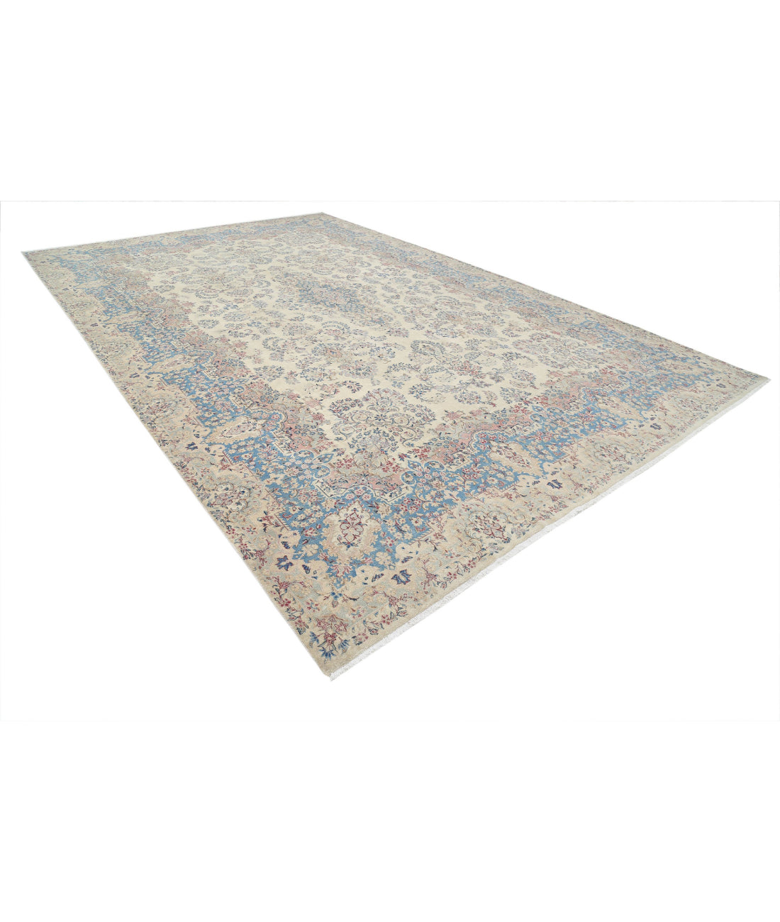 Hand Knotted Vintage Persian Kerman Wool Rug - 10'8'' x 16'9'' 10'8'' x 16'9'' (320 X 503) / Ivory / Blue