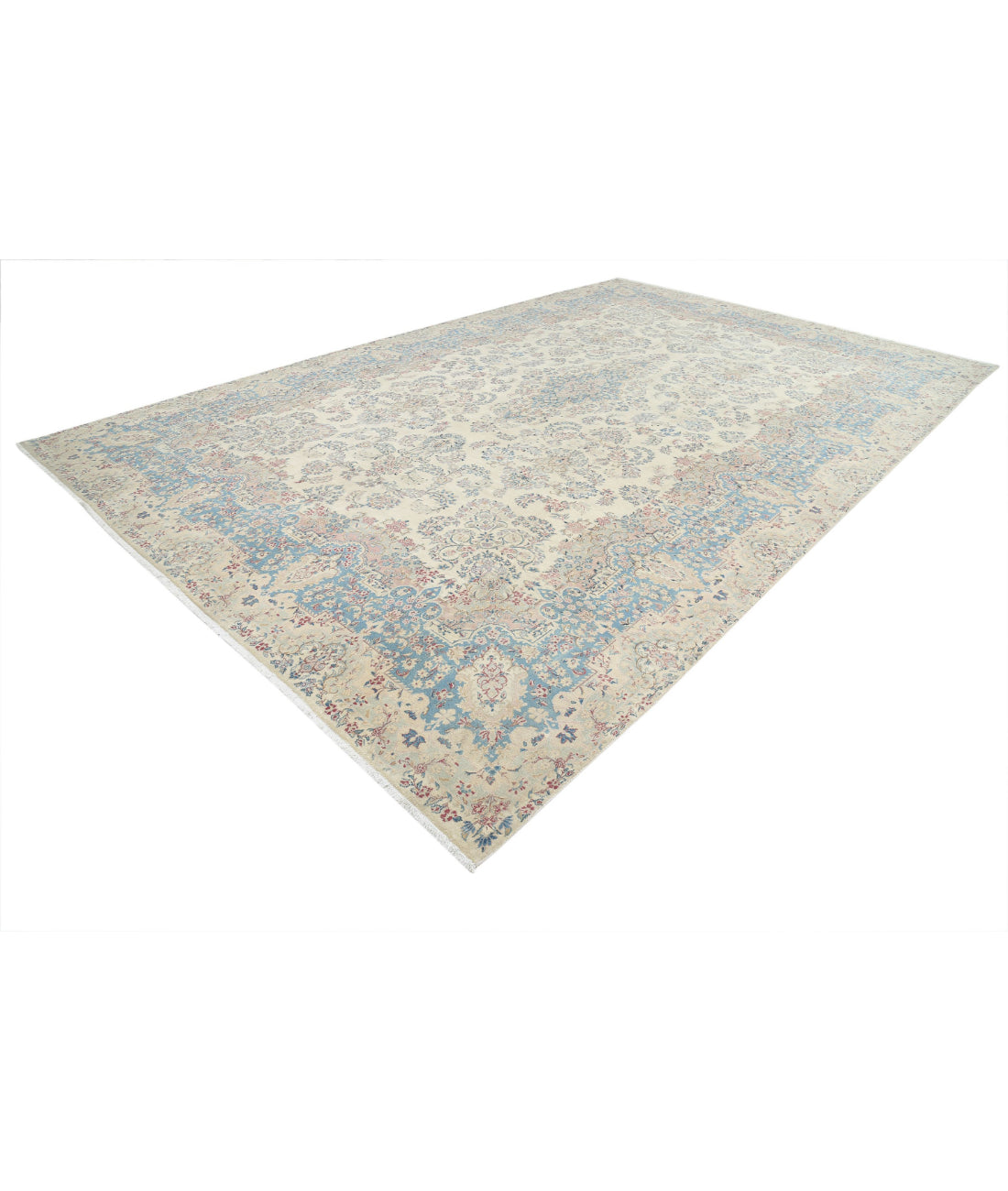 Hand Knotted Vintage Persian Kerman Wool Rug - 10'8'' x 16'9'' 10'8'' x 16'9'' (320 X 503) / Ivory / Blue