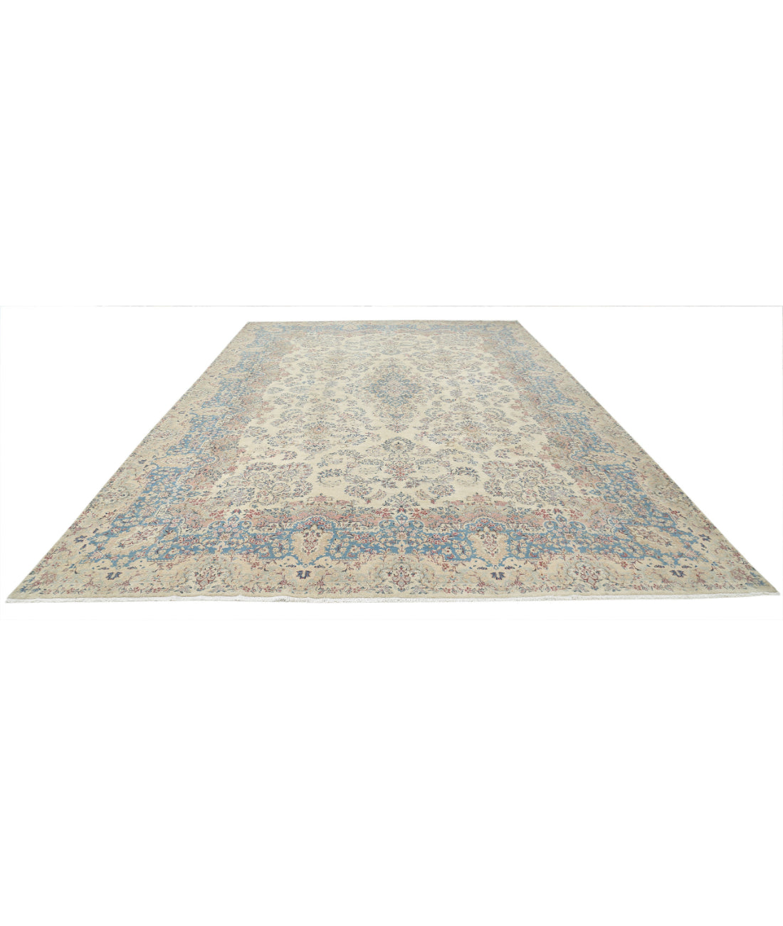 Hand Knotted Vintage Persian Kerman Wool Rug - 10'8'' x 16'9'' 10'8'' x 16'9'' (320 X 503) / Ivory / Blue