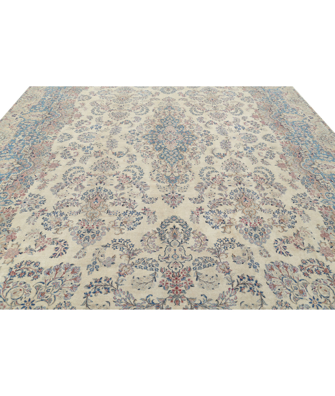 Hand Knotted Vintage Persian Kerman Wool Rug - 10'8'' x 16'9'' 10'8'' x 16'9'' (320 X 503) / Ivory / Blue