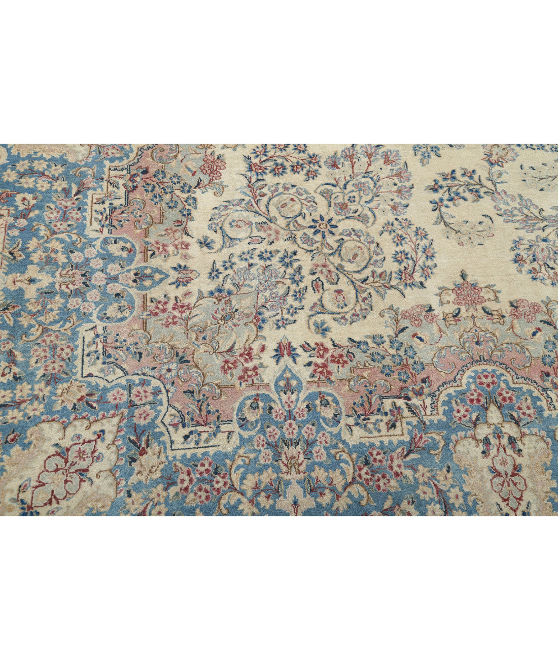 Hand Knotted Vintage Persian Kerman Wool Rug - 10'8'' x 16'9'' 10'8'' x 16'9'' (320 X 503) / Ivory / Blue