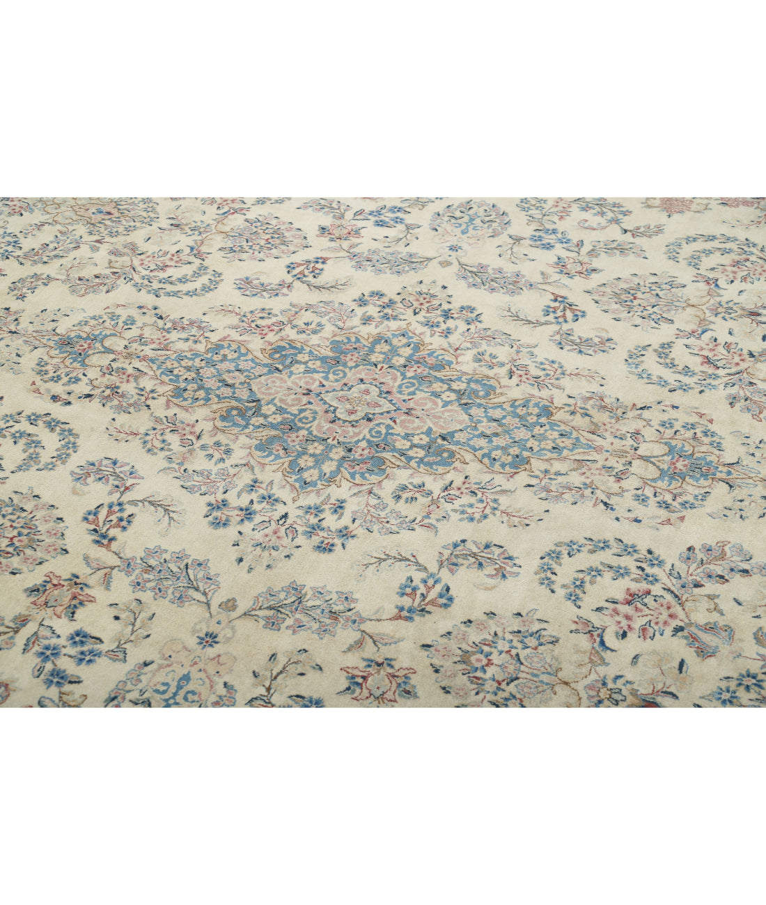 Hand Knotted Vintage Persian Kerman Wool Rug - 10'8'' x 16'9'' 10'8'' x 16'9'' (320 X 503) / Ivory / Blue