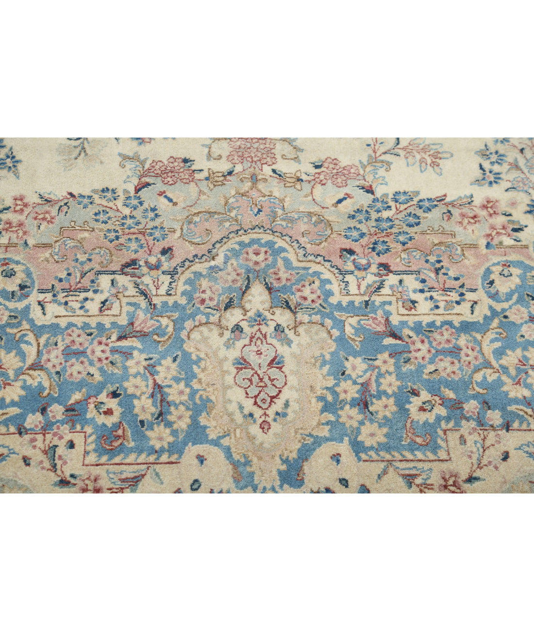 Hand Knotted Vintage Persian Kerman Wool Rug - 10'8'' x 16'9'' 10'8'' x 16'9'' (320 X 503) / Ivory / Blue
