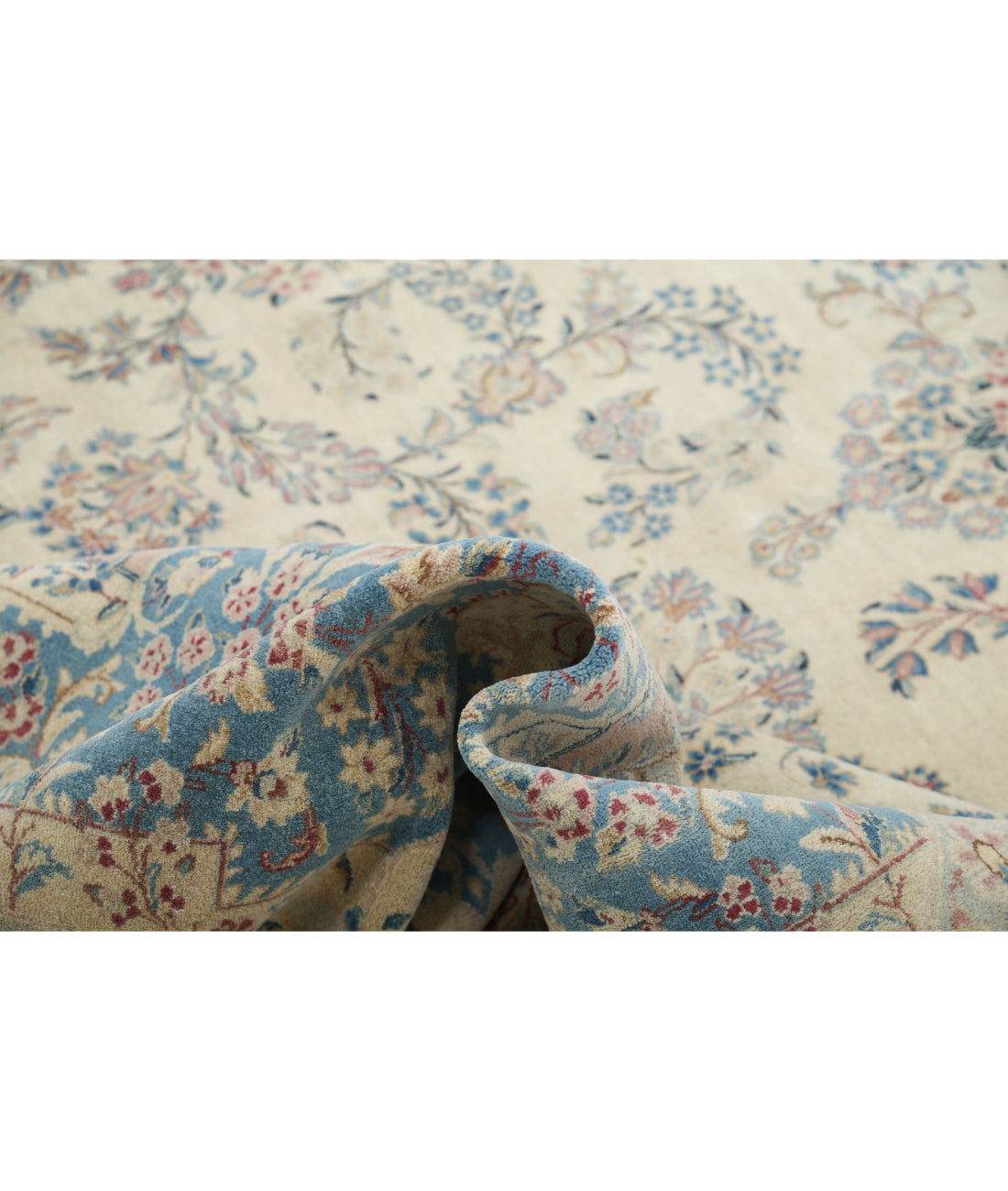 Hand Knotted Vintage Persian Kerman Wool Rug - 10'8'' x 16'9'' 10'8'' x 16'9'' (320 X 503) / Ivory / Blue