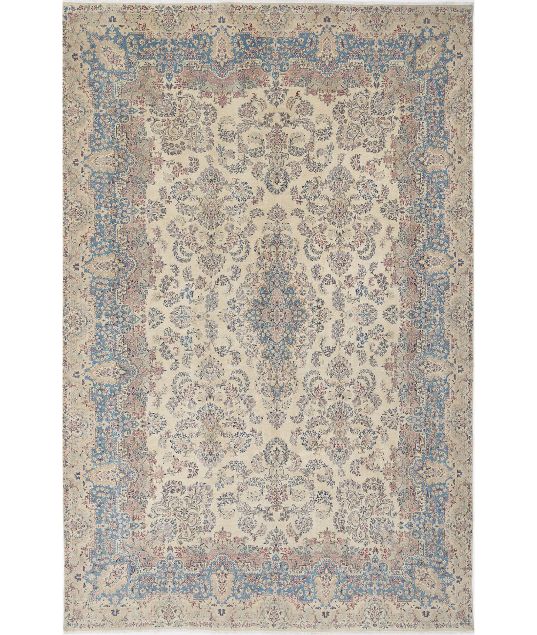 Hand Knotted Vintage Persian Kerman Wool Rug - 10&#39;8&#39;&#39; x 16&#39;9&#39;&#39; 10&#39;8&#39;&#39; x 16&#39;9&#39;&#39; (320 X 503) / Ivory / Blue