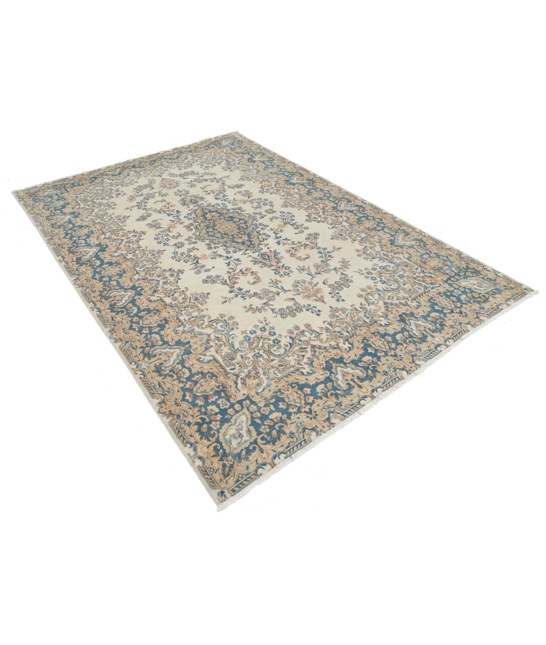 Hand Knotted Vintage Persian Kerman Wool Rug - 5'10'' x 8'6'' 5'10'' x 8'6'' (175 X 255) / Ivory / Blue