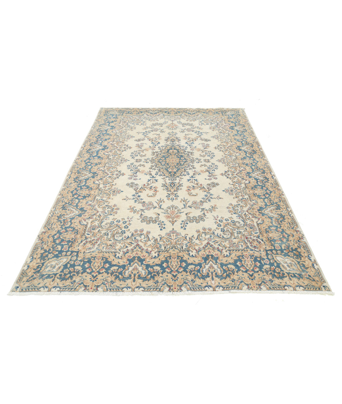 Hand Knotted Vintage Persian Kerman Wool Rug - 5'10'' x 8'6'' 5'10'' x 8'6'' (175 X 255) / Ivory / Blue