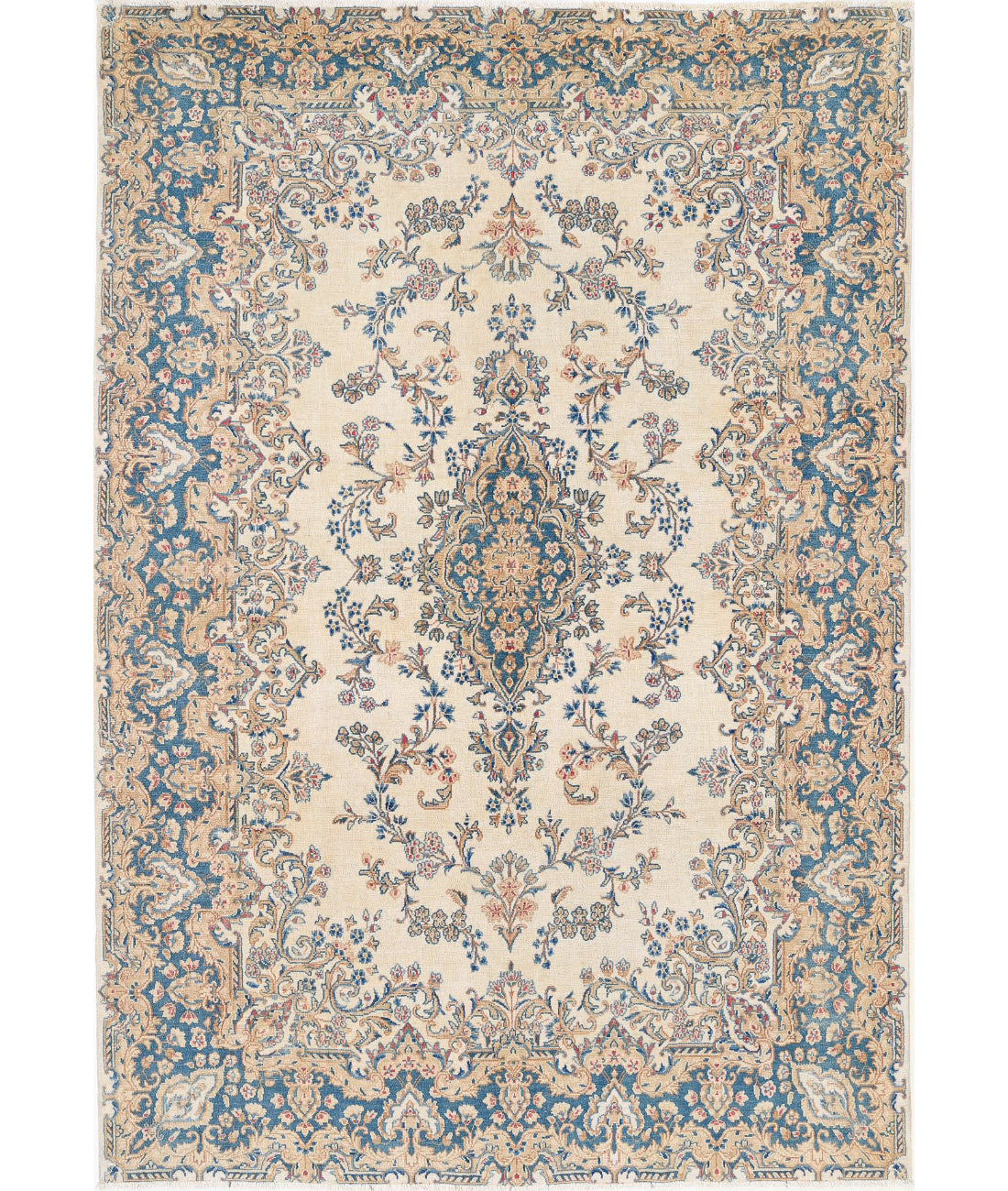 Hand Knotted Vintage Persian Kerman Wool Rug - 5&#39;10&#39;&#39; x 8&#39;6&#39;&#39; 5&#39;10&#39;&#39; x 8&#39;6&#39;&#39; (175 X 255) / Ivory / Blue