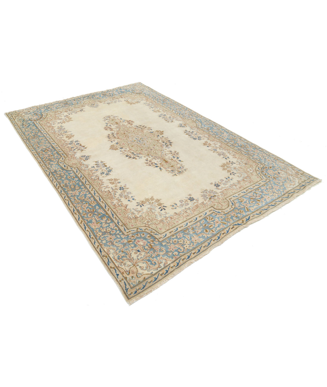Hand Knotted Persian Kerman Wool Rug - 5'11'' x 8'8'' 5'11'' x 8'8'' (178 X 260) / Beige / Blue