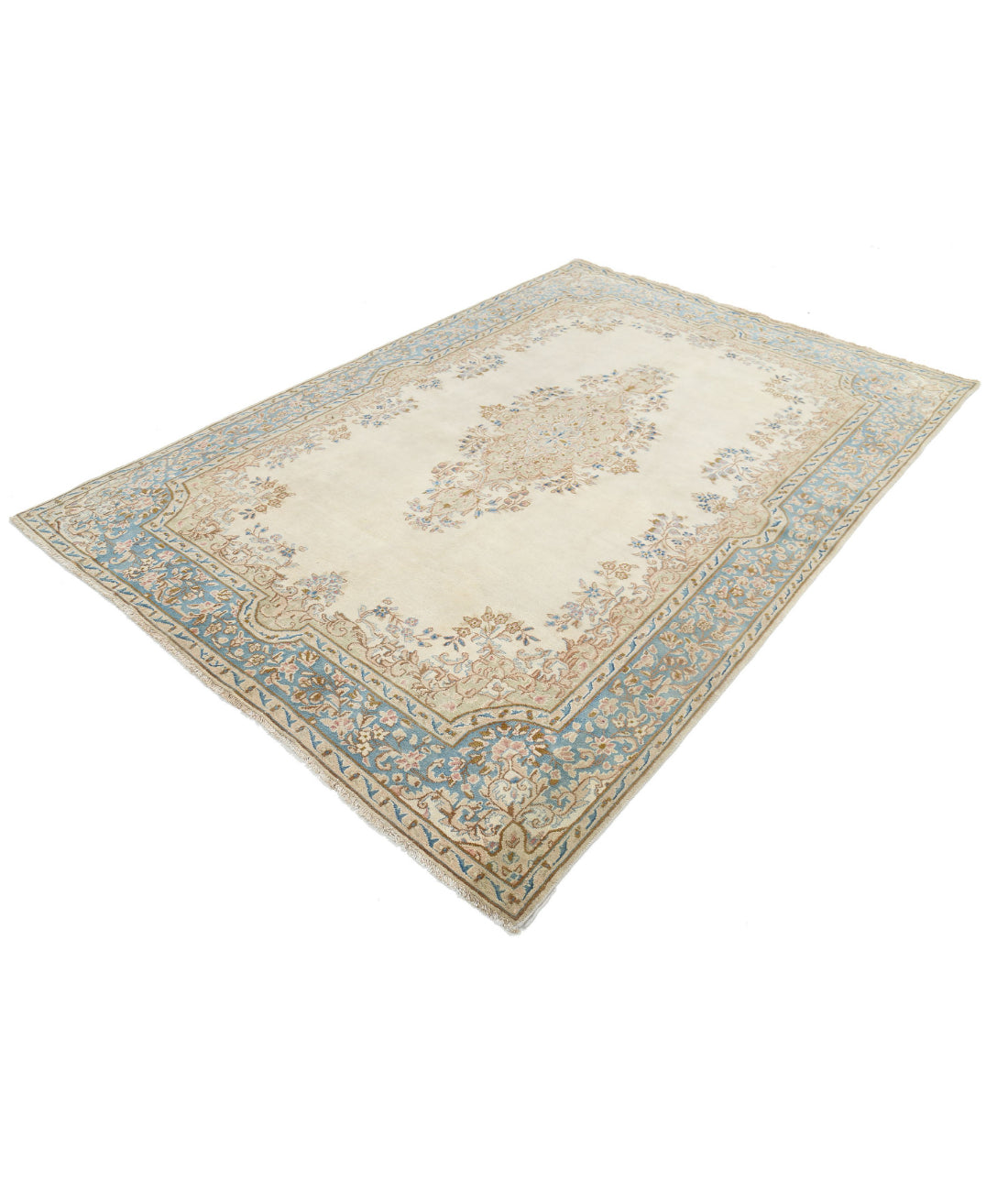 Hand Knotted Persian Kerman Wool Rug - 5'11'' x 8'8'' 5'11'' x 8'8'' (178 X 260) / Beige / Blue