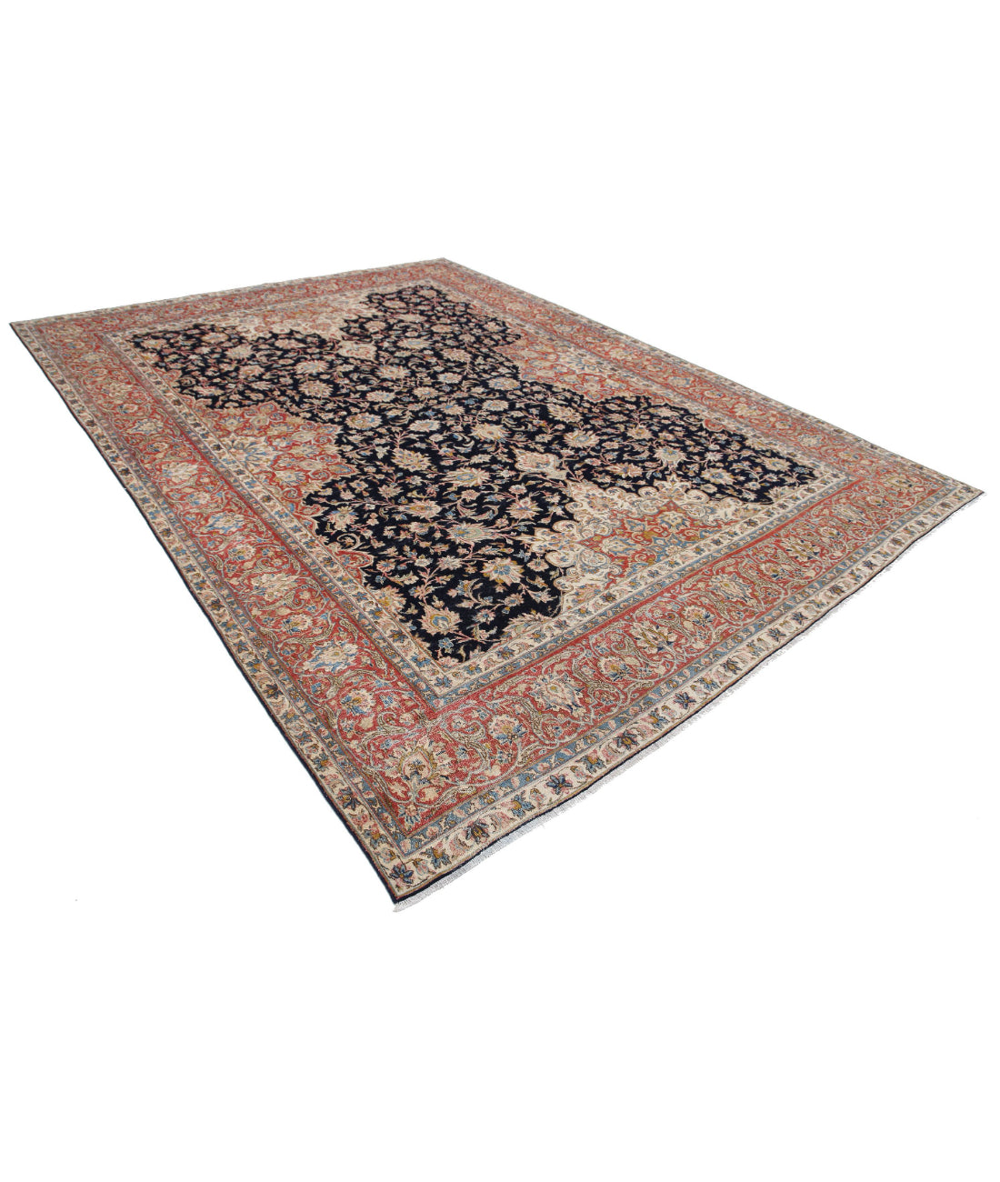 Hand Knotted Vintage Persian Kerman Wool Rug - 8'10'' x 12'0'' 8'10'' x 12'0'' (265 X 360) / Blue / Rust