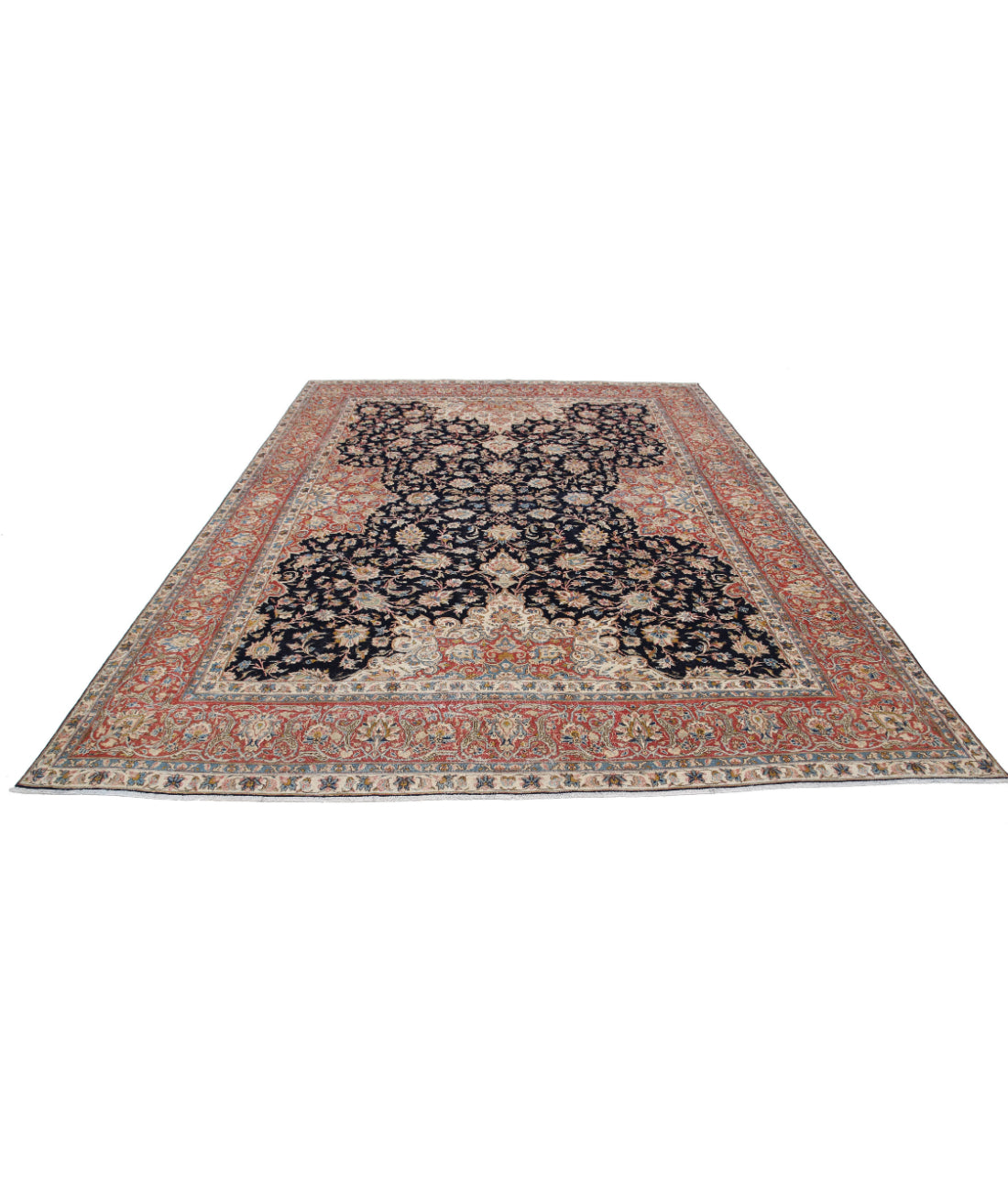 Hand Knotted Vintage Persian Kerman Wool Rug - 8'10'' x 12'0'' 8'10'' x 12'0'' (265 X 360) / Blue / Rust