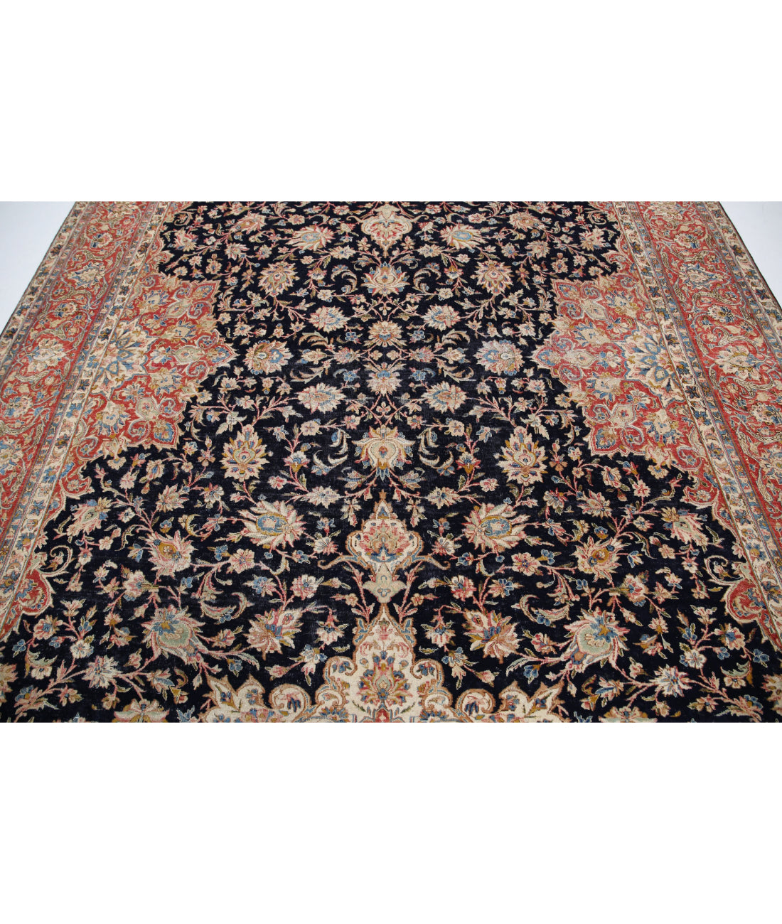 Hand Knotted Vintage Persian Kerman Wool Rug - 8'10'' x 12'0'' 8'10'' x 12'0'' (265 X 360) / Blue / Rust