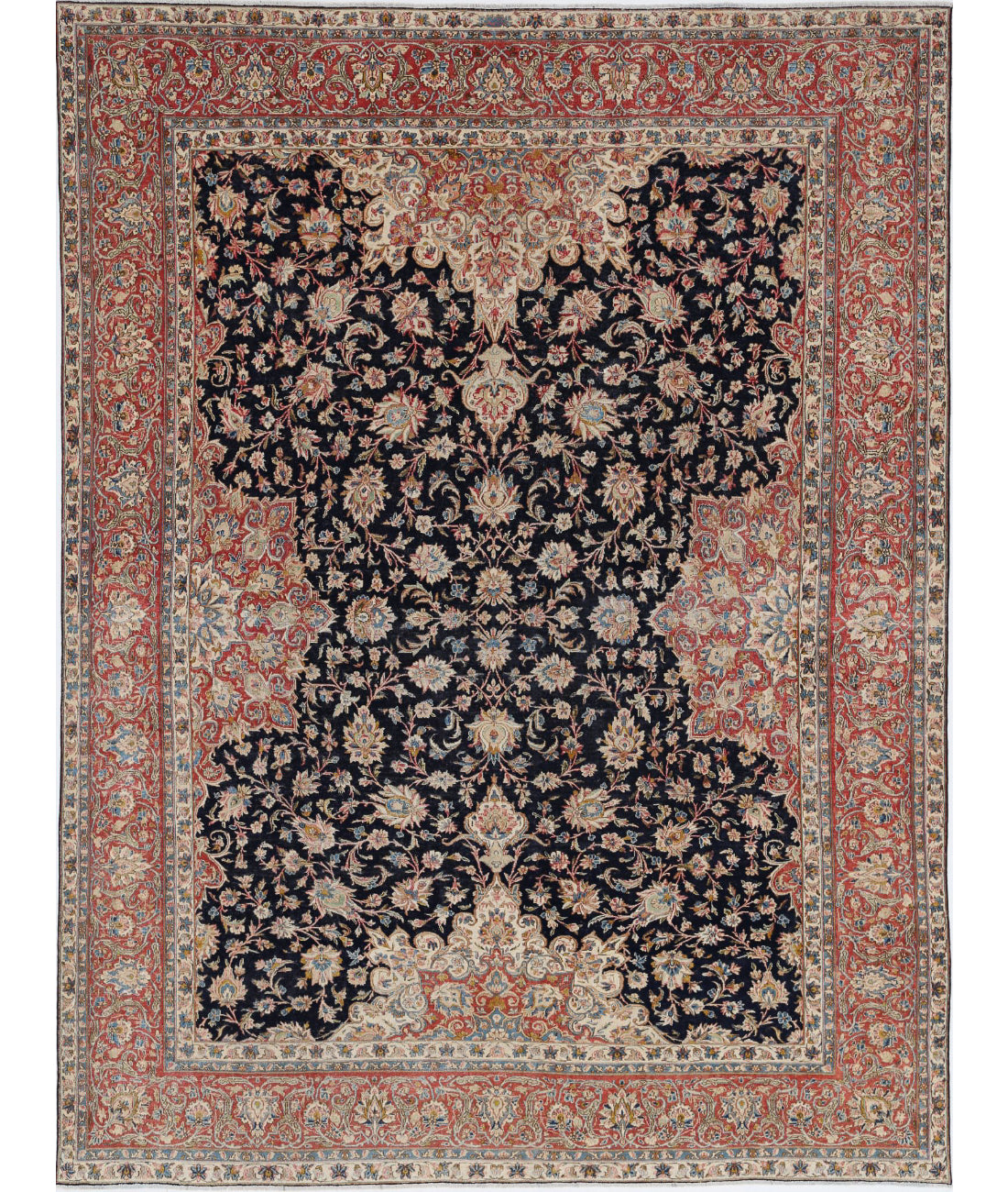 Hand Knotted Vintage Persian Kerman Wool Rug - 8'10'' x 12'0'' 8'10'' x 12'0'' (265 X 360) / Blue / Rust