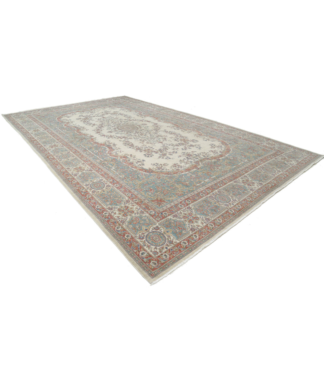 Hand Knotted Vintage Persian Kerman Wool Rug - 11'8'' x 19'3'' 11'8'' x 19'3'' (350 X 578) / Ivory / Blue