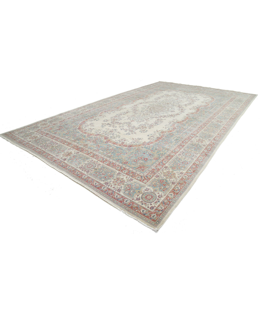 Hand Knotted Vintage Persian Kerman Wool Rug - 11'8'' x 19'3'' 11'8'' x 19'3'' (350 X 578) / Ivory / Blue