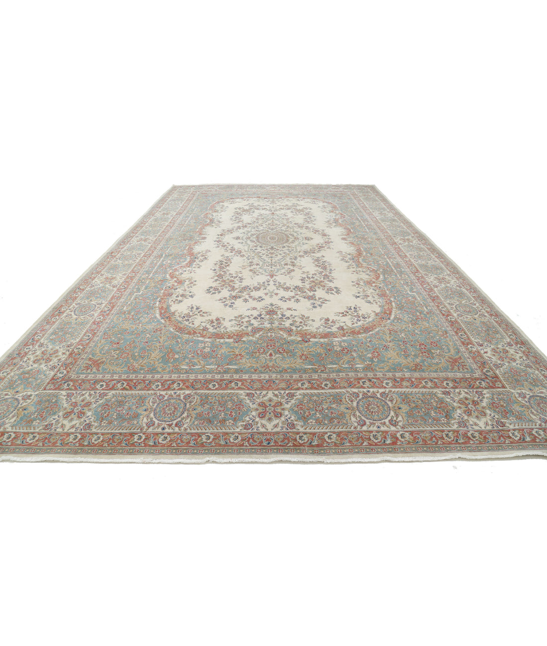 Hand Knotted Vintage Persian Kerman Wool Rug - 11'8'' x 19'3'' 11'8'' x 19'3'' (350 X 578) / Ivory / Blue