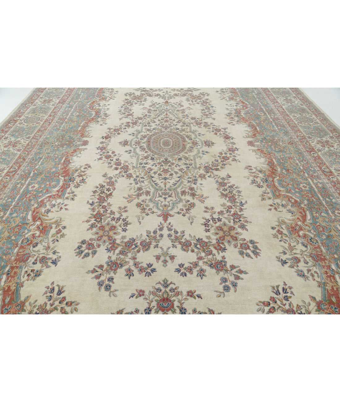 Hand Knotted Vintage Persian Kerman Wool Rug - 11'8'' x 19'3'' 11'8'' x 19'3'' (350 X 578) / Ivory / Blue