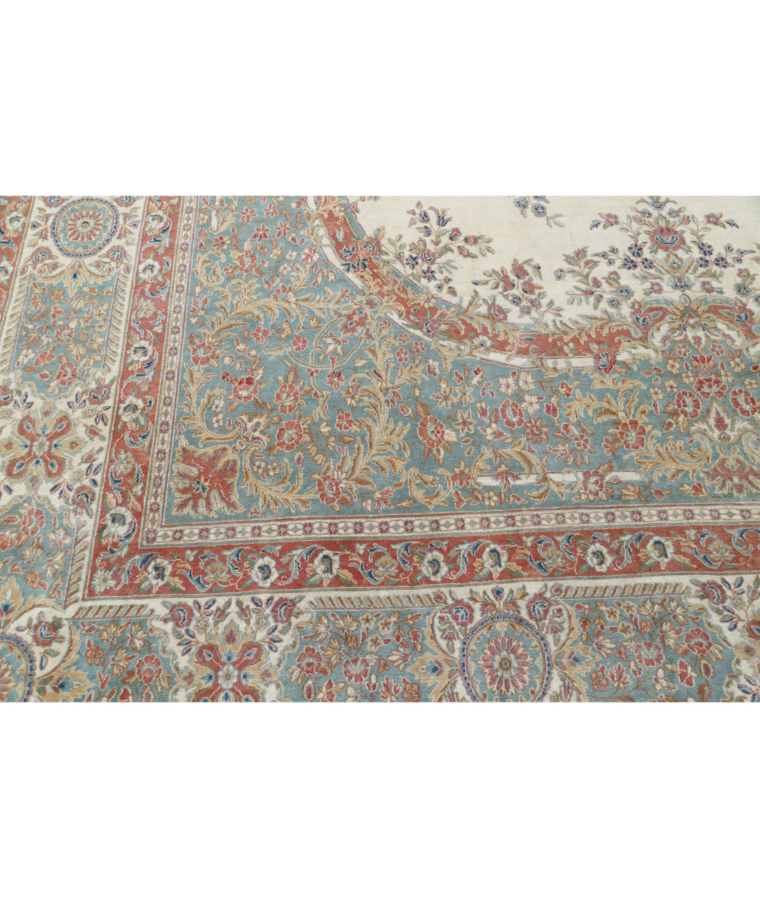 Hand Knotted Vintage Persian Kerman Wool Rug - 11'8'' x 19'3'' 11'8'' x 19'3'' (350 X 578) / Ivory / Blue