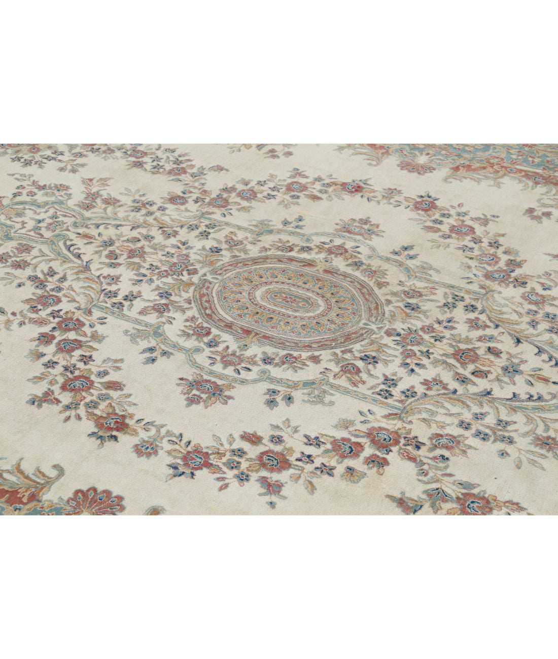Hand Knotted Vintage Persian Kerman Wool Rug - 11'8'' x 19'3'' 11'8'' x 19'3'' (350 X 578) / Ivory / Blue