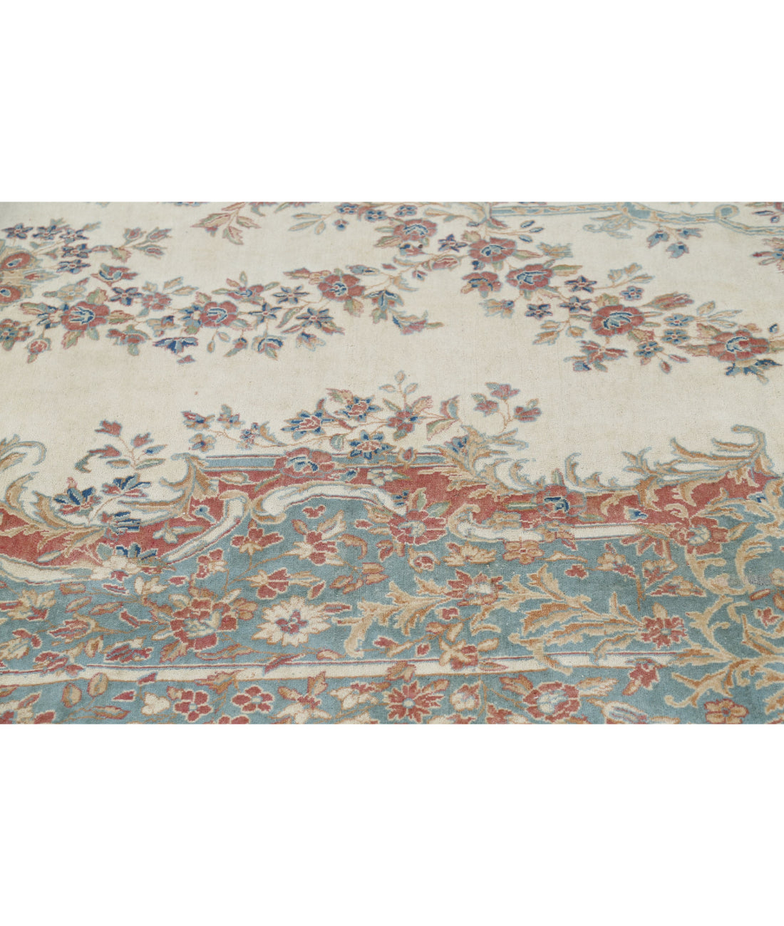 Hand Knotted Vintage Persian Kerman Wool Rug - 11'8'' x 19'3'' 11'8'' x 19'3'' (350 X 578) / Ivory / Blue
