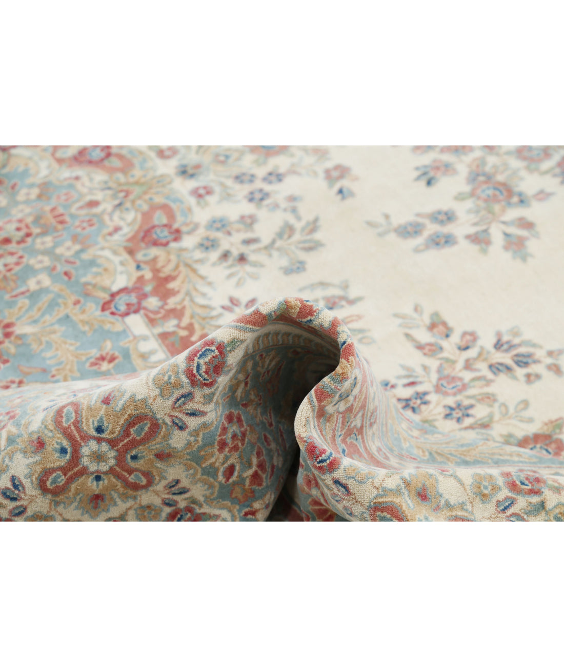 Hand Knotted Vintage Persian Kerman Wool Rug - 11'8'' x 19'3'' 11'8'' x 19'3'' (350 X 578) / Ivory / Blue