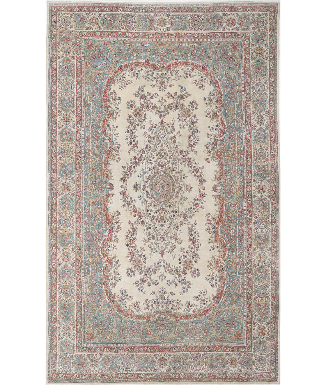 Hand Knotted Vintage Persian Kerman Wool Rug - 11&#39;8&#39;&#39; x 19&#39;3&#39;&#39; 11&#39;8&#39;&#39; x 19&#39;3&#39;&#39; (350 X 578) / Ivory / Blue