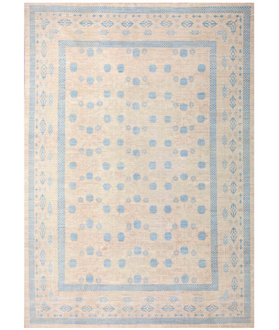 Hand Knotted Khotan Wool Rug 9' 8" X 14' 1" 9' 8" X 14' 1" (295 X 429) / Ivory / Blue