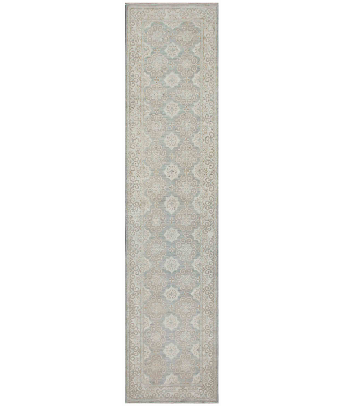 Hand Knotted Khotan Wool Rug 2' 7" X 11' 5" 2' 7" X 11' 5" (79 X 348) / Teal / Ivory