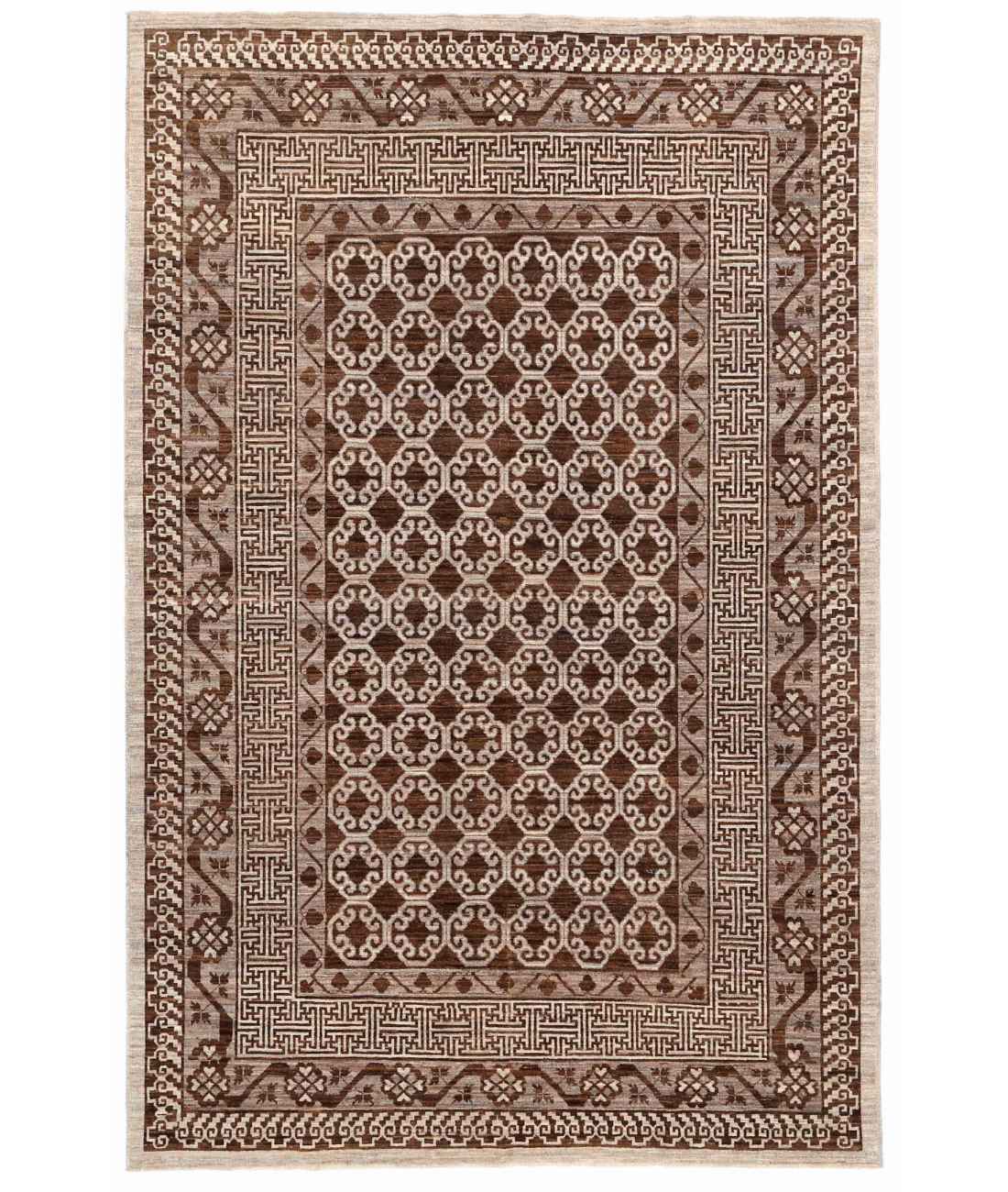 Hand Knotted Khotan Wool Rug 6' 4" X 9' 10" 6' 4" X 9' 10" (193 X 300) / Grey / Brown