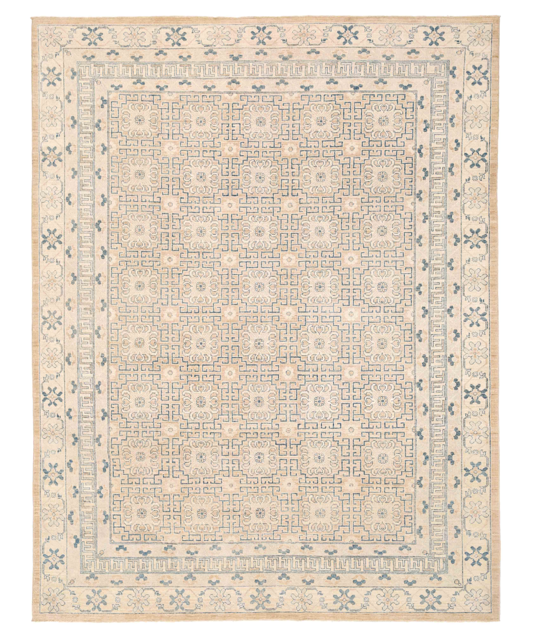 Hand Knotted Khotan Wool Rug 9' 3" X 12' 2" 9' 3" X 12' 2" (282 X 371) / Taupe / Blue