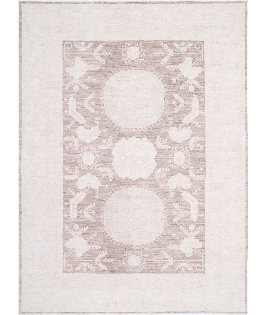 Hand Knotted Khotan Wool Rug - 9'11'' x 13'7'' 9'11'' x 13'7'' (298 X 408) / Brown / Ivory