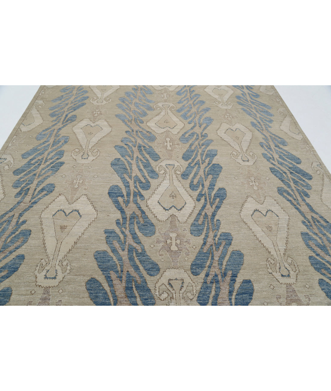 Hand Knotted Ikat Wool Rug - 8'10'' x 11'6'' 8'10'' x 11'6'' (265 X 345) / Taupe / Blue