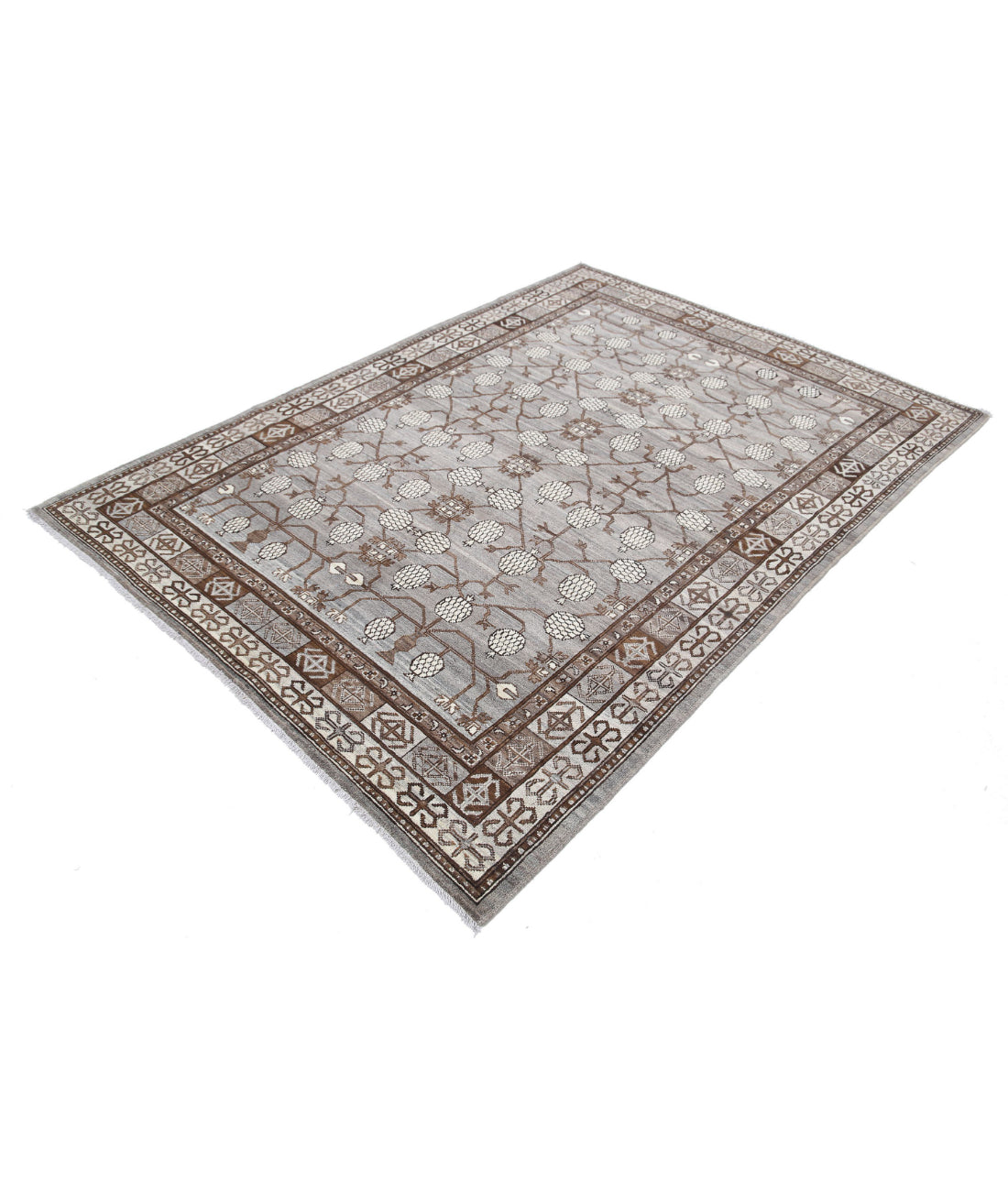 Hand Knotted Khotan Wool Rug - 5'6'' x 7'7'' 5'6'' x 7'7'' (165 X 228) / Grey / Ivory