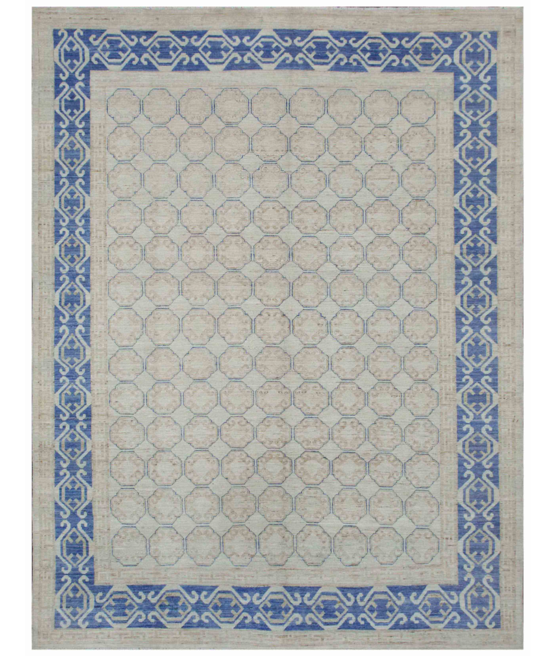 Hand Knotted Khotan Wool Rug 8' 1" X 11' 6" 8' 1" X 11' 6" (246 X 351) / Ivory / Blue