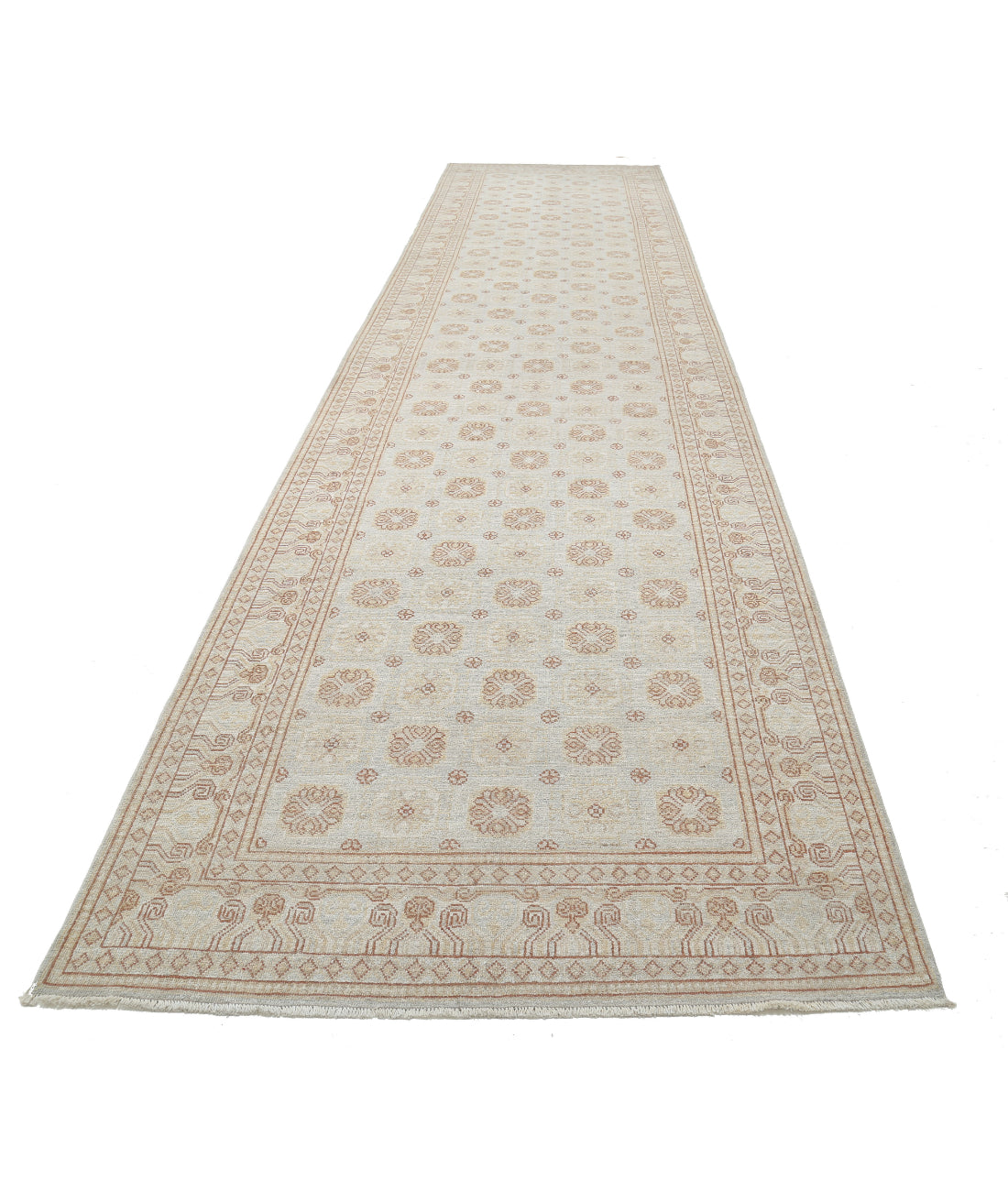 Hand Knotted Khotan Wool Rug - 4'10'' x 20'4'' 4'10'' x 20'4'' (145 X 610) / Grey / Ivory