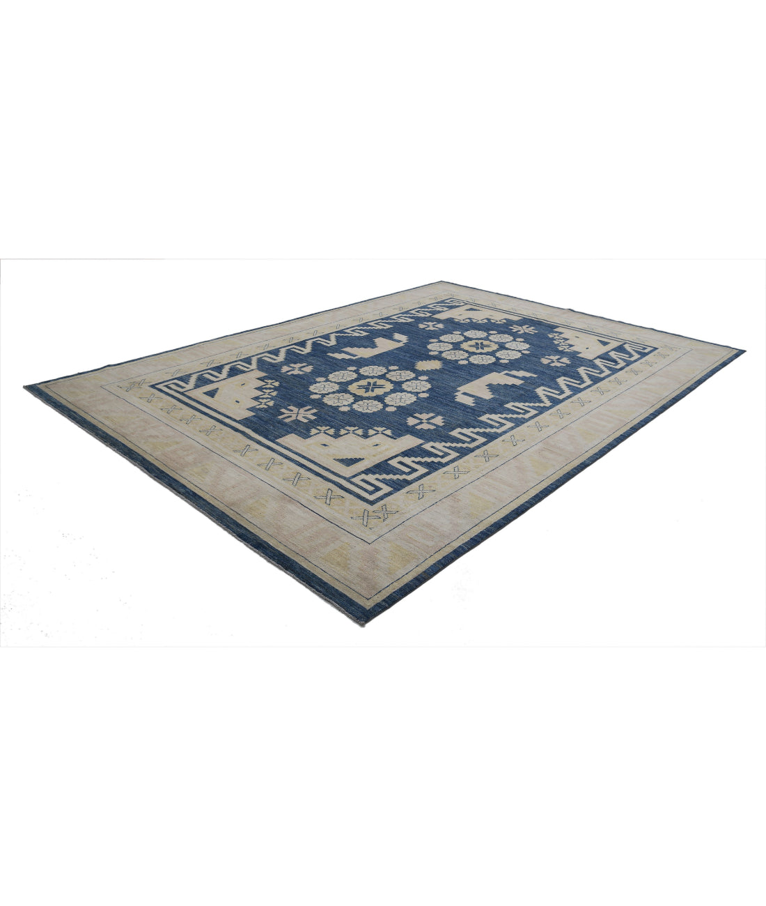 Hand Knotted Khotan Wool Rug - 8'10'' x 12'4'' 8'10'' x 12'4'' (265 X 370) / Blue / Ivory