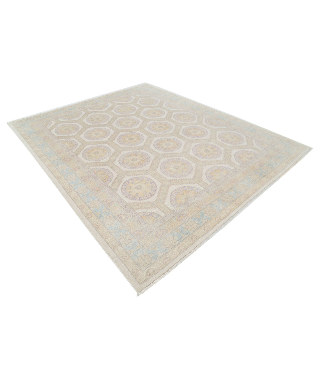 Hand Knotted Khotan Wool Rug - 8'0'' x 9'10'' 8'0'' x 9'10'' (240 X 295) / Ivory / Blue